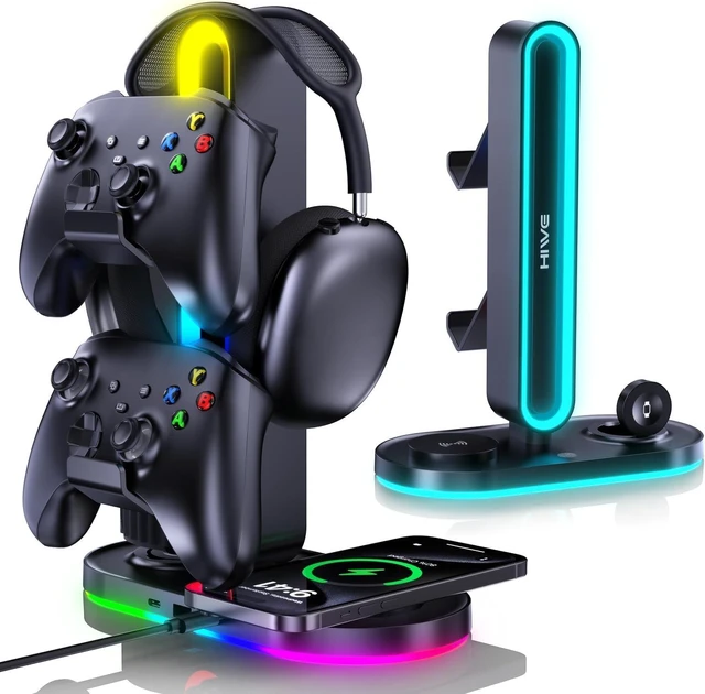 Main image of 4-in-1 RGB Gaming Headphone Stand with Dual Controller Holder Wireless Charger for iPhone/Apple Watch, USB-A & USB-C Outputs, Adapter Included, Black