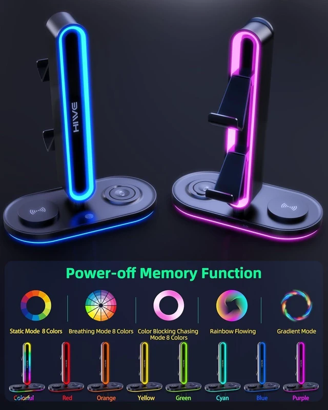 Alt view image 3 of 7 - 4-in-1 RGB Gaming Headphone Stand with Dual Controller Holder Wireless Charger for iPhone/Apple Watch, USB-A & USB-C Outputs, Adapter Included, Black