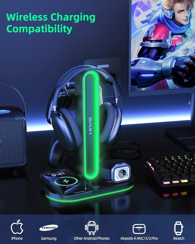 Alt view image 5 of 7 - 4-in-1 RGB Gaming Headphone Stand with Dual Controller Holder Wireless Charger for iPhone/Apple Watch, USB-A & USB-C Outputs, Adapter Included, Black