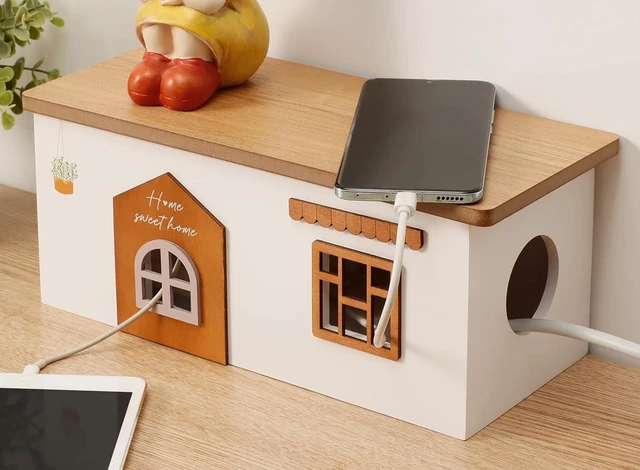 Main image of Wood Cable Management Box Handmade Extension Cord & Power Strip Organizer for TV, Computer, USB Hub & Surge Protector, Desk or Floor (Medium)