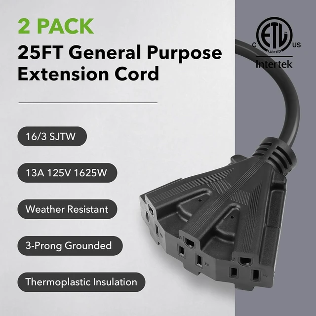 Alt view image 2 of 7 - 2-Pack Outdoor Extension Cord Set for Holiday Yard Decorations & Garden Equipment, Three Outlets, Total Load up to 13Amps/1625Watts (Black, 25ft)