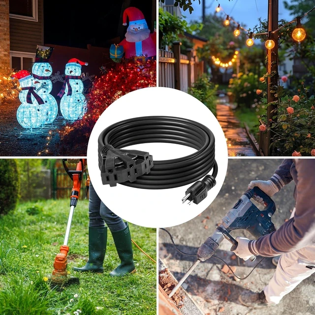 Alt view image 7 of 7 - 2-Pack Outdoor Extension Cord Set for Holiday Yard Decorations & Garden Equipment, Three Outlets, Total Load up to 13Amps/1625Watts (Black, 25ft)
