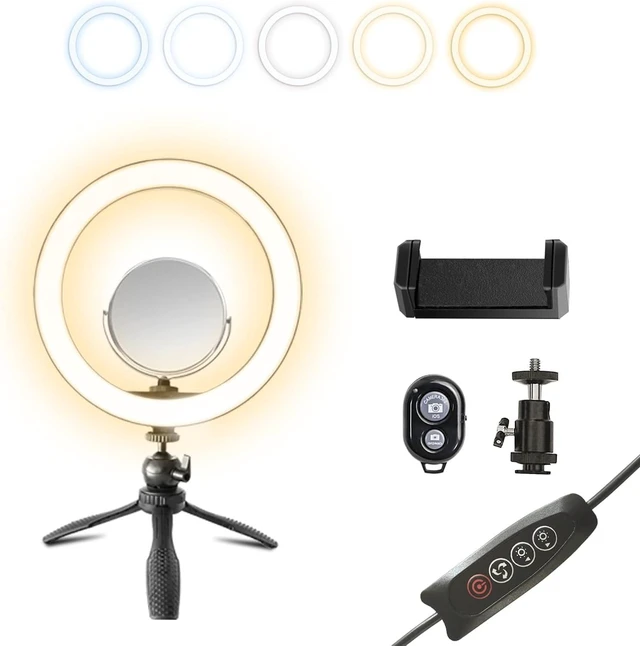 Main image of 10" Desk Ring Light with Tripod & Makeup Mirror/Phone Clamp, 5 Colors & 10 Brightness