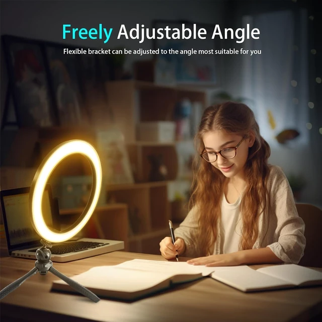 Alt view image 3 of 4 - 10" Desk Ring Light with Tripod & Makeup Mirror/Phone Clamp, 5 Colors & 10 Brightness