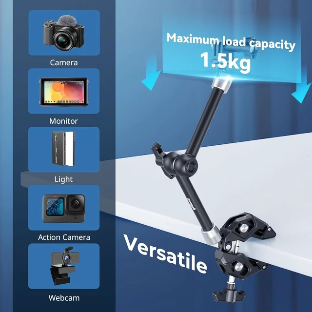 Alt view image 5 of 7 - Magic Arm Clamp Kit Articulating Friction Arm with Super Clamp & 1/4"-20 Screw, for Camera, Light, Monitor, Webcam & Action Cameras, 1.5kg Load