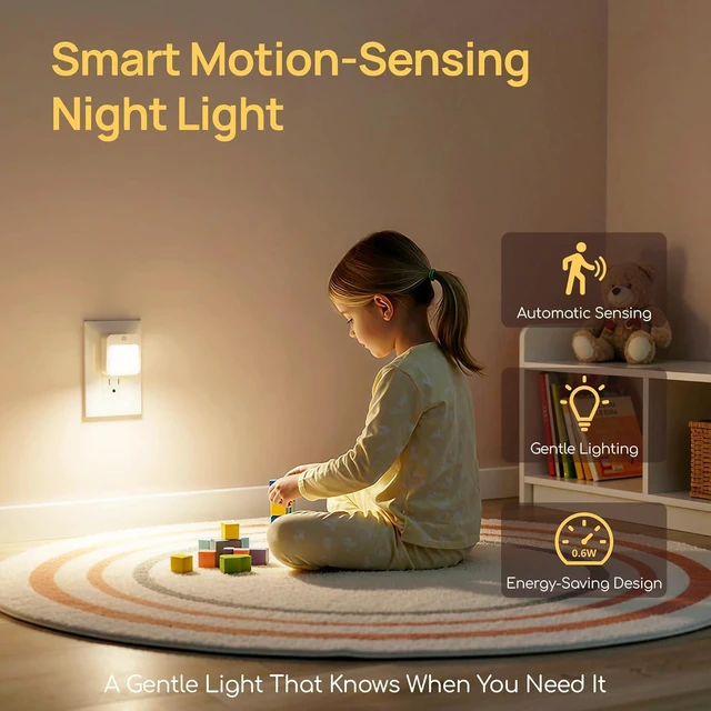 Alt view image 2 of 7 - 4-Pack Plug-in Motion Sensor Night Light Dusk-to-Dawn Sensor, Stepless Dimming LED for Bedroom, Hallway, Bathroom & Kids Room, Energy Efficient