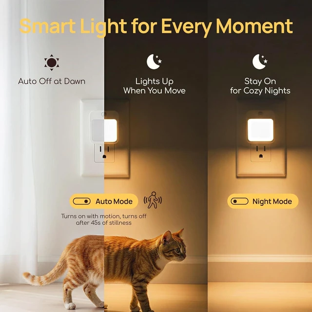 Alt view image 3 of 7 - 4-Pack Plug-in Motion Sensor Night Light Dusk-to-Dawn Sensor, Stepless Dimming LED for Bedroom, Hallway, Bathroom & Kids Room, Energy Efficient