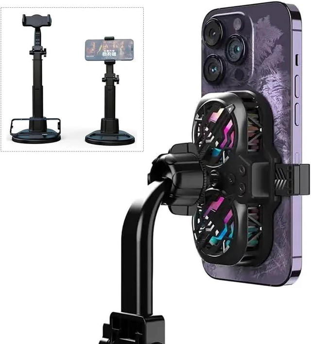 Main image of Phone Cooler Stand, Height-Adjustable Desktop Cell Phone Stand with Cooling Fan for Live Streaming, Compatible with All iPhone & Android Phones