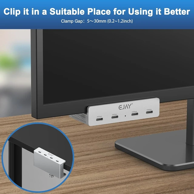Alt view image 2 of 7 - 10Gbps USB-C Hub - 4-Port Aluminum USB 3.2 Docking Hub with Clamp Design for Desk/Computer, Extra Power Supply Port, 47in Data Cable & 39in Power Cable (Silver)