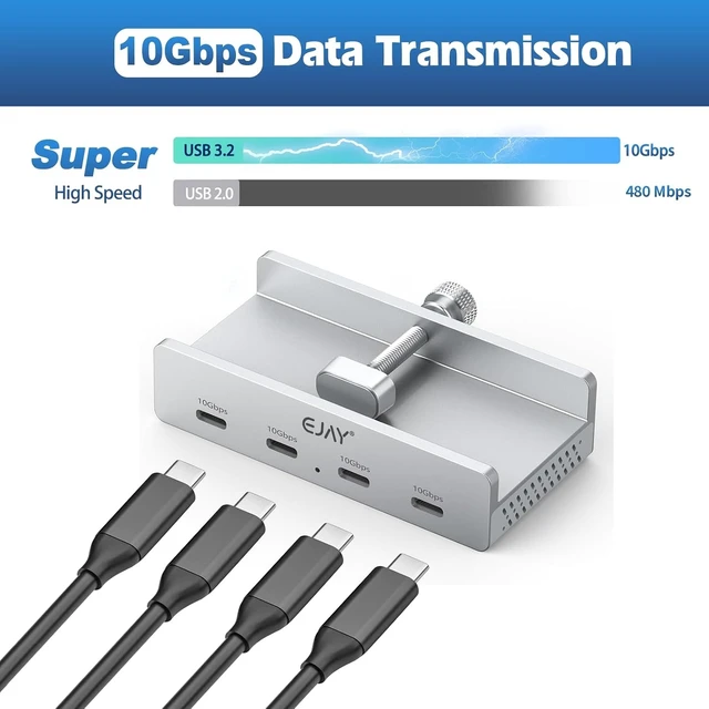 Alt view image 3 of 7 - 10Gbps USB-C Hub - 4-Port Aluminum USB 3.2 Docking Hub with Clamp Design for Desk/Computer, Extra Power Supply Port, 47in Data Cable & 39in Power Cable (Silver)