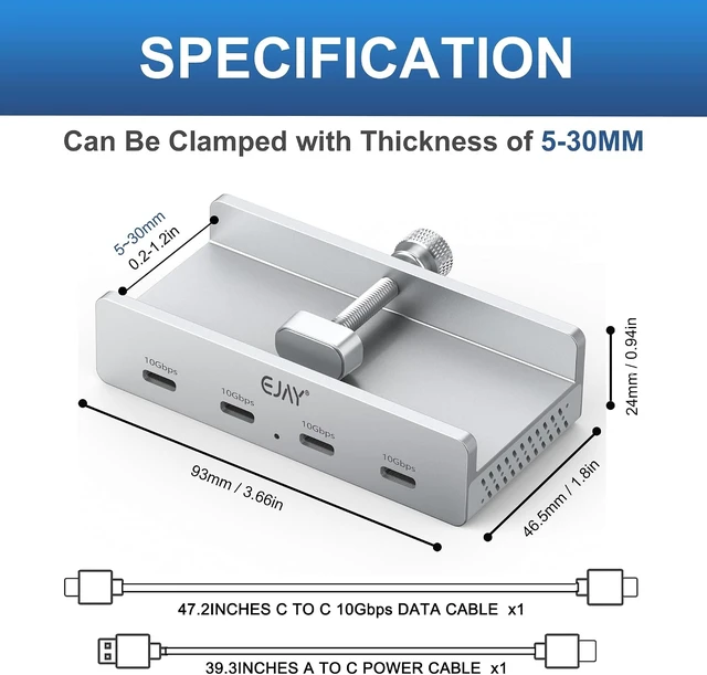 Alt view image 4 of 7 - 10Gbps USB-C Hub - 4-Port Aluminum USB 3.2 Docking Hub with Clamp Design for Desk/Computer, Extra Power Supply Port, 47in Data Cable & 39in Power Cable (Silver)