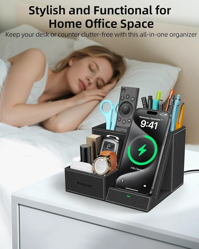 Alt view image 6 of 7 - Wireless Charger with Desk Organizer, 3 Compartments & Phone Stand