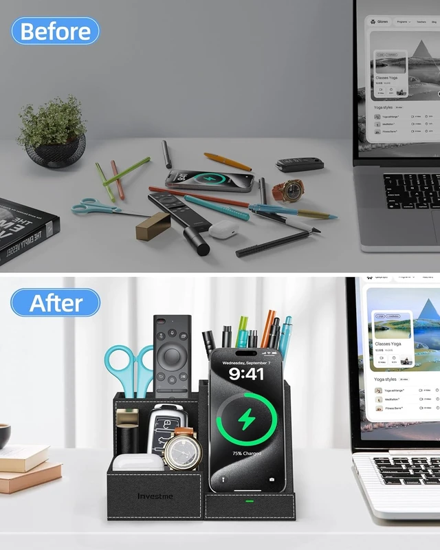 Alt view image 5 of 7 - Wireless Charger with Desk Organizer, 3 Compartments & Phone Stand