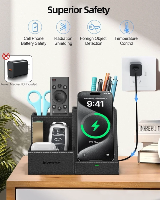 Alt view image 7 of 7 - Wireless Charger with Desk Organizer, 3 Compartments & Phone Stand