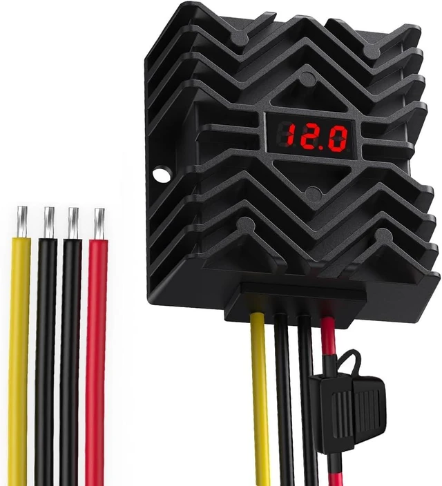 Main image of DC 24V to 12V 30A Buck Converter with LED Display & Inline Fuse | Waterproof Step Down Transformer for Car, Truck, GPS & CCTV with 16AWG Wires