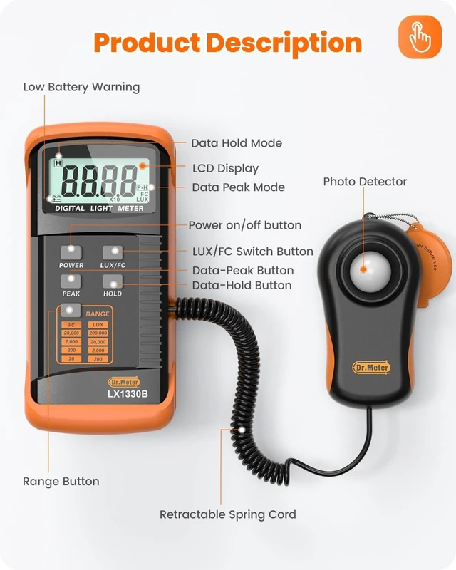 Alt view image 7 of 7 - LX1330B Digital Illuminance Lux Meter, 0-200,000 Range Lighting Intensity & Brightness Measurement for Indoor/Outdoor, Light Meters for Plants
