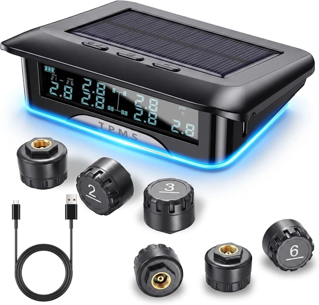 Main image of Large-Screen TPMS with 6 Sensors for RV, Truck & Trailer Solar & Type-C Charging, 3-in-1 Chip, Ambient Light Display, 100ft, IP68