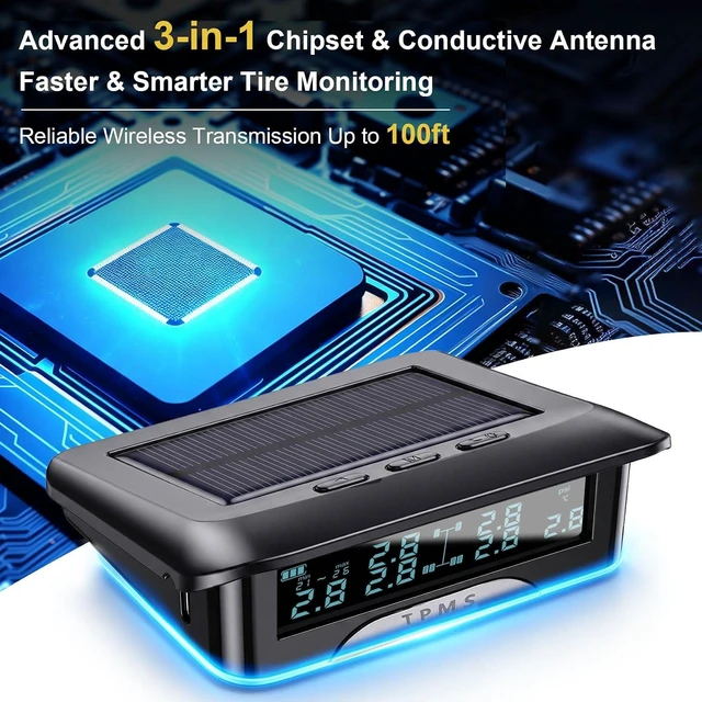 Alt view image 6 of 7 - Large-Screen TPMS with 6 Sensors for RV, Truck & Trailer Solar & Type-C Charging, 3-in-1 Chip, Ambient Light Display, 100ft, IP68