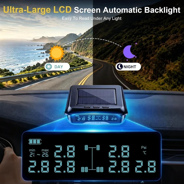 Alt view image 4 of 7 - Large-Screen TPMS with 6 Sensors for RV, Truck & Trailer Solar & Type-C Charging, 3-in-1 Chip, Ambient Light Display, 100ft, IP68