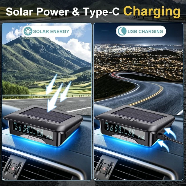 Alt view image 5 of 7 - Large-Screen TPMS with 6 Sensors for RV, Truck & Trailer Solar & Type-C Charging, 3-in-1 Chip, Ambient Light Display, 100ft, IP68