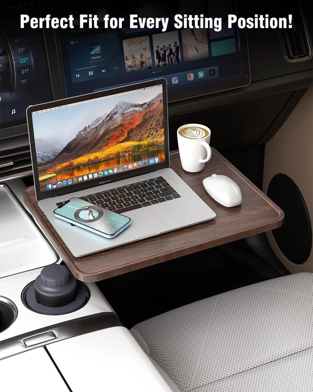 Alt view image 2 of 7 - 360° Rotating Car Tray Table & Laptop Desk with Phone Holder Wooden Cup-Holder Table, Car Laptop Mount & Food Tray Compatible with Tesla Model Y/3/S & Most Vehicles, Walnut