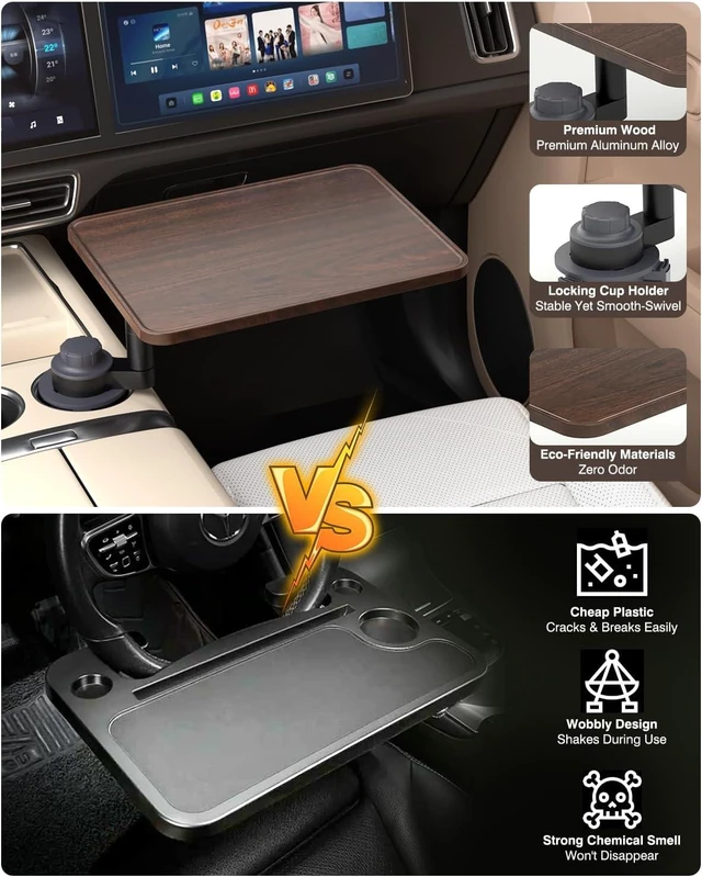 Alt view image 4 of 7 - 360° Rotating Car Tray Table & Laptop Desk with Phone Holder Wooden Cup-Holder Table, Car Laptop Mount & Food Tray Compatible with Tesla Model Y/3/S & Most Vehicles, Walnut