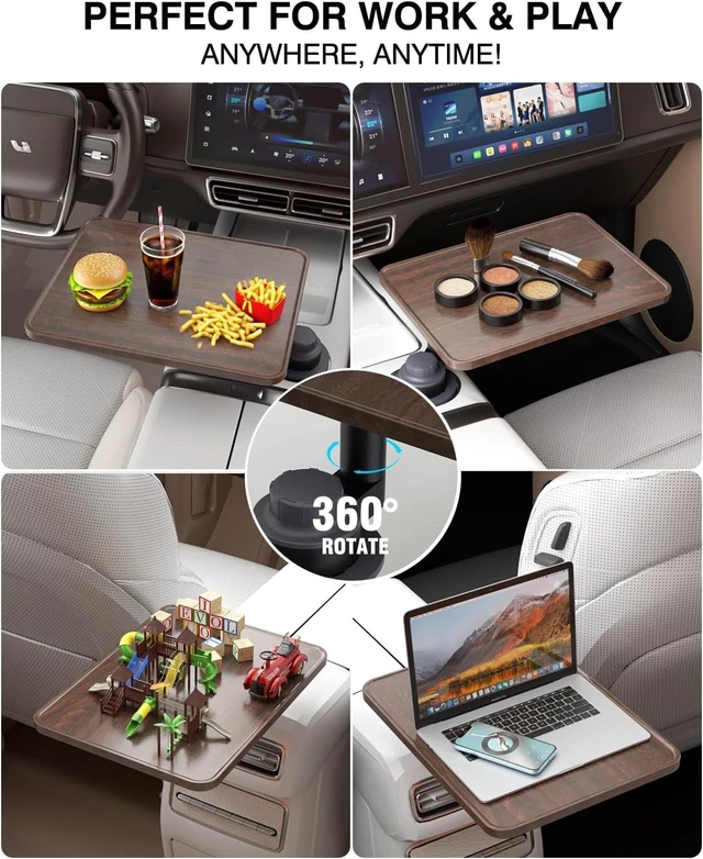 Alt view image 5 of 7 - 360° Rotating Car Tray Table & Laptop Desk with Phone Holder Wooden Cup-Holder Table, Car Laptop Mount & Food Tray Compatible with Tesla Model Y/3/S & Most Vehicles, Walnut