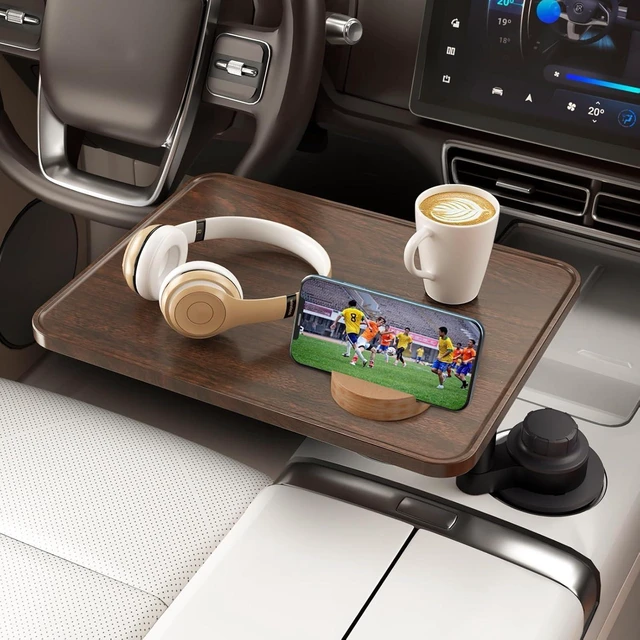 Main image of 360° Rotating Car Tray Table & Laptop Desk with Phone Holder Wooden Cup-Holder Table, Car Laptop Mount & Food Tray Compatible with Tesla Model Y/3/S & Most Vehicles, Walnut