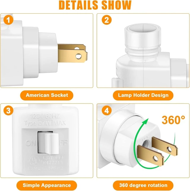 Alt view image 4 of 7 - 12 Sets 360° Plug-In Night Light Module Base, Rotating Lamp Plug with On/Off Switch & Metal Clips, Plastic Swivel Wall Base for Making Lamps (White)