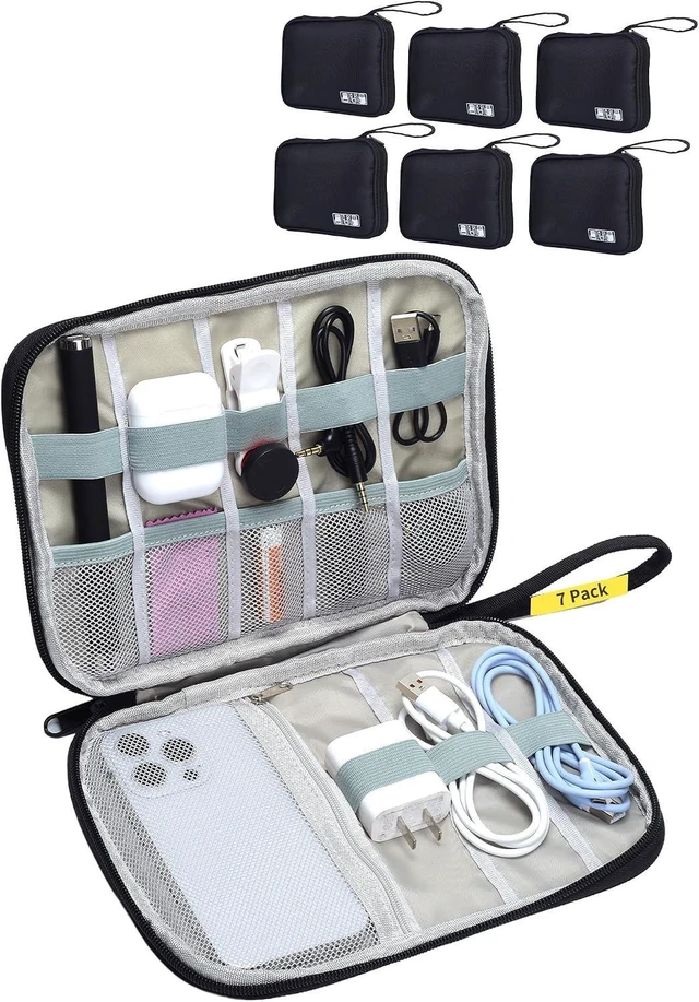 Main image of 7-Pack Travel Cable Organizer Pouch Electronics Accessory Carry Case for Cords, Chargers, Power Bank, SD Card, Phone, Earphone (Black)