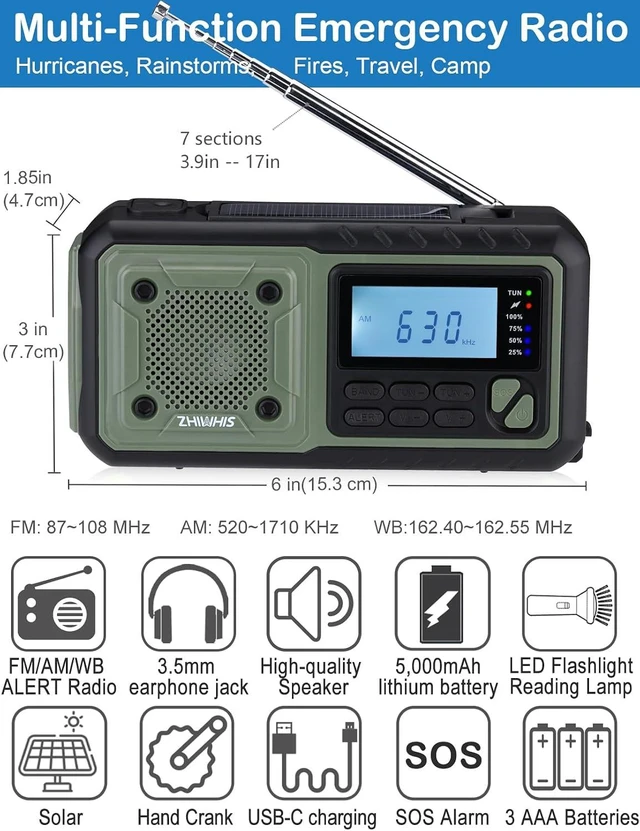 Alt view image 2 of 7 - NOAA Weather/AM/FM Hand Crank Solar Emergency Radio SOS Alarm, Built-in 5000mAh Li-Battery, Flashlight/Reading Lamp & Alerts for Emergencies, ZWS-376