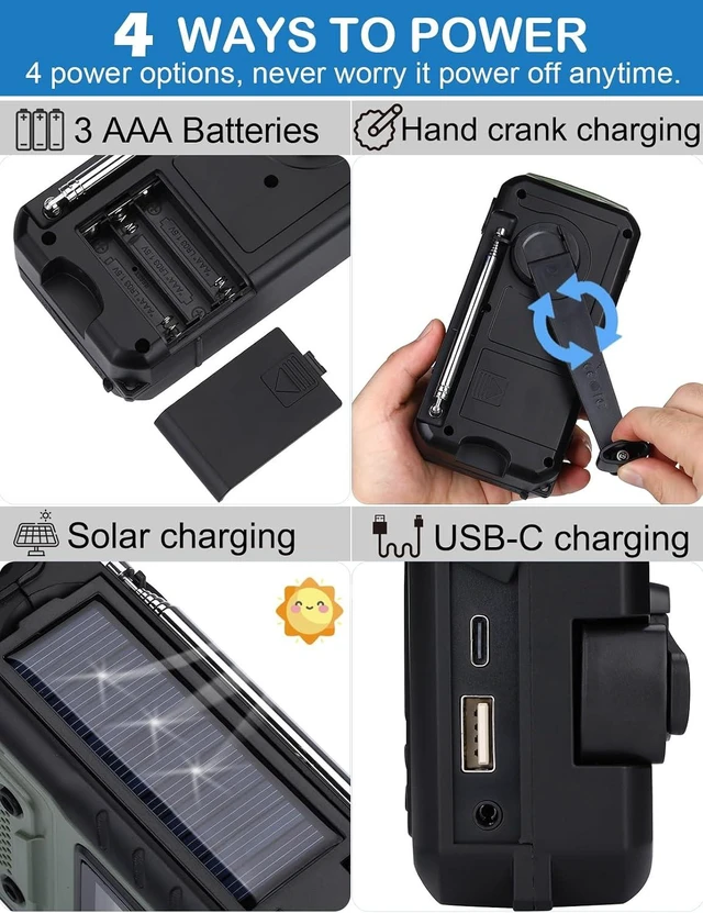 Alt view image 3 of 7 - NOAA Weather/AM/FM Hand Crank Solar Emergency Radio SOS Alarm, Built-in 5000mAh Li-Battery, Flashlight/Reading Lamp & Alerts for Emergencies, ZWS-376