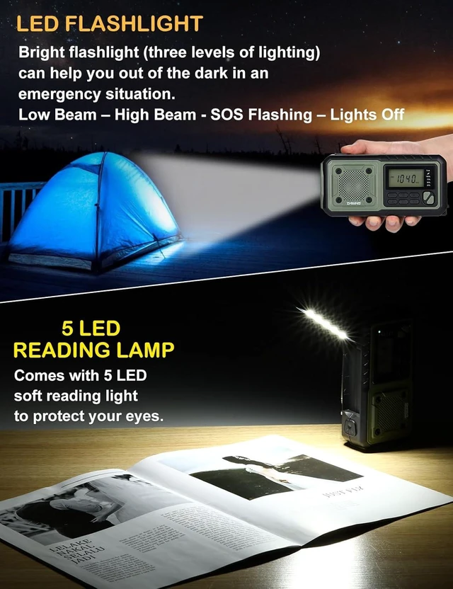 Alt view image 6 of 7 - NOAA Weather/AM/FM Hand Crank Solar Emergency Radio SOS Alarm, Built-in 5000mAh Li-Battery, Flashlight/Reading Lamp & Alerts for Emergencies, ZWS-376