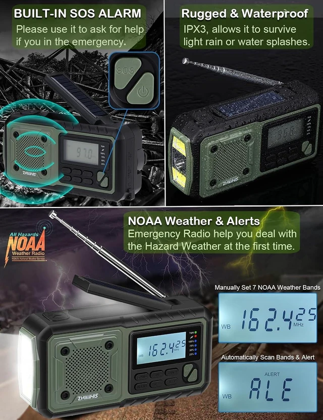 Alt view image 7 of 7 - NOAA Weather/AM/FM Hand Crank Solar Emergency Radio SOS Alarm, Built-in 5000mAh Li-Battery, Flashlight/Reading Lamp & Alerts for Emergencies, ZWS-376