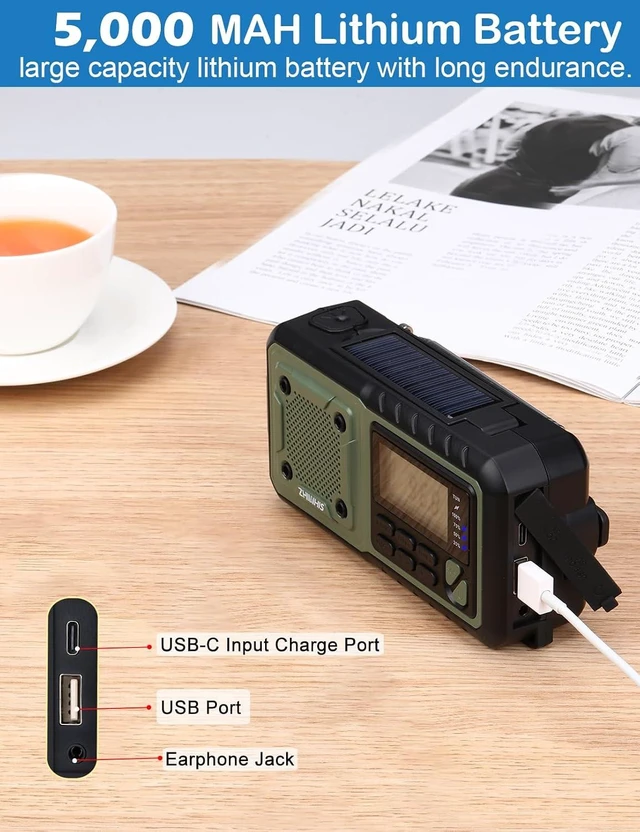 Alt view image 4 of 7 - NOAA Weather/AM/FM Hand Crank Solar Emergency Radio SOS Alarm, Built-in 5000mAh Li-Battery, Flashlight/Reading Lamp & Alerts for Emergencies, ZWS-376