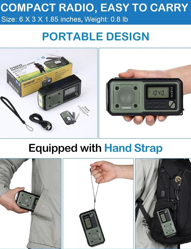 Alt view image 5 of 7 - NOAA Weather/AM/FM Hand Crank Solar Emergency Radio SOS Alarm, Built-in 5000mAh Li-Battery, Flashlight/Reading Lamp & Alerts for Emergencies, ZWS-376