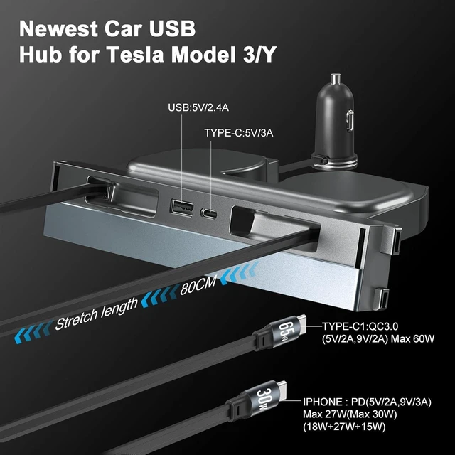 Alt view image 3 of 6 - 65W Waterproof USB Hub for Tesla Model 3 Highland / Model Y Juniper 2024 2025 4-Port Fast Charger, 2 Type-C Fast Charging Cables
