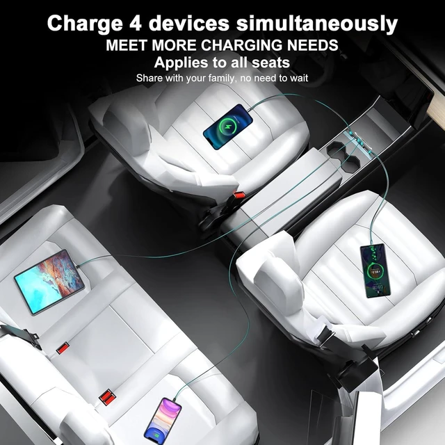 Alt view image 6 of 6 - 65W Waterproof USB Hub for Tesla Model 3 Highland / Model Y Juniper 2024 2025 4-Port Fast Charger, 2 Type-C Fast Charging Cables