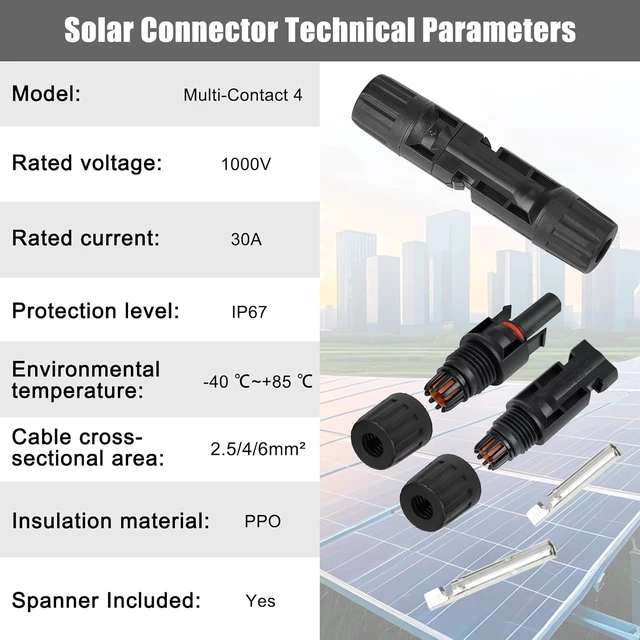 Alt view image 5 of 7 - 100 PCS MC4 Solar Panel Cable Connectors, 1000V 30A IP67 Waterproof Male/Female Plug with Spanners, for 14AWG-10AWG Solar Cables (50 Pairs)