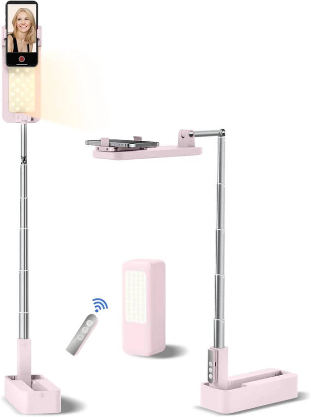 Main image of Foldable/Extendable/Rechargeable Overhead Phone Stand for Recording with Light & Wireless Remote, for Photo, Vlog, TikTok, Unboxing Videos & Cooking