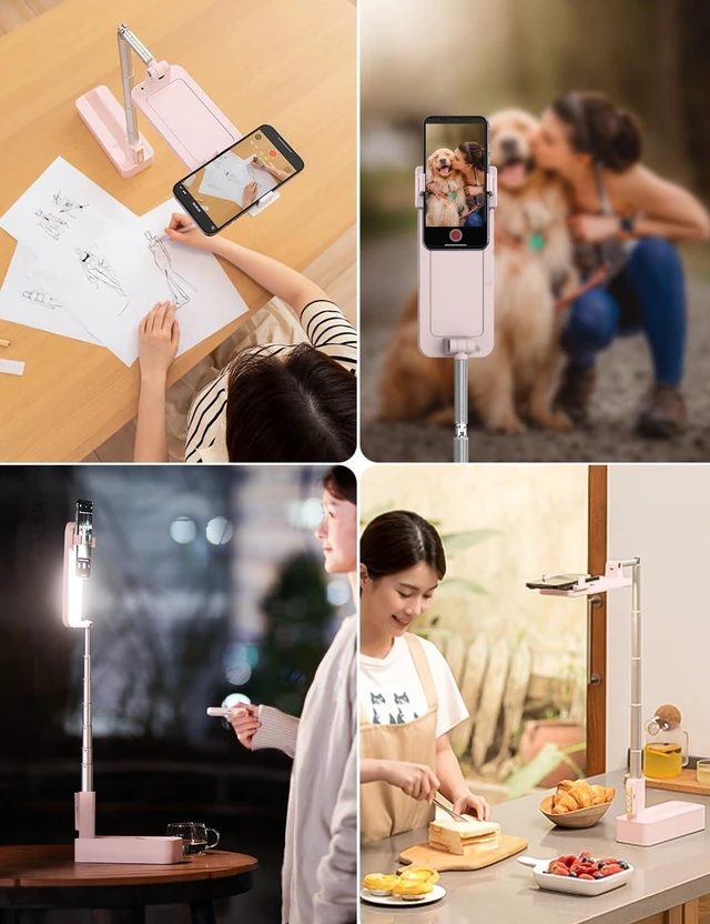 Alt view image 2 of 7 - Foldable/Extendable/Rechargeable Overhead Phone Stand for Recording with Light & Wireless Remote, for Photo, Vlog, TikTok, Unboxing Videos & Cooking