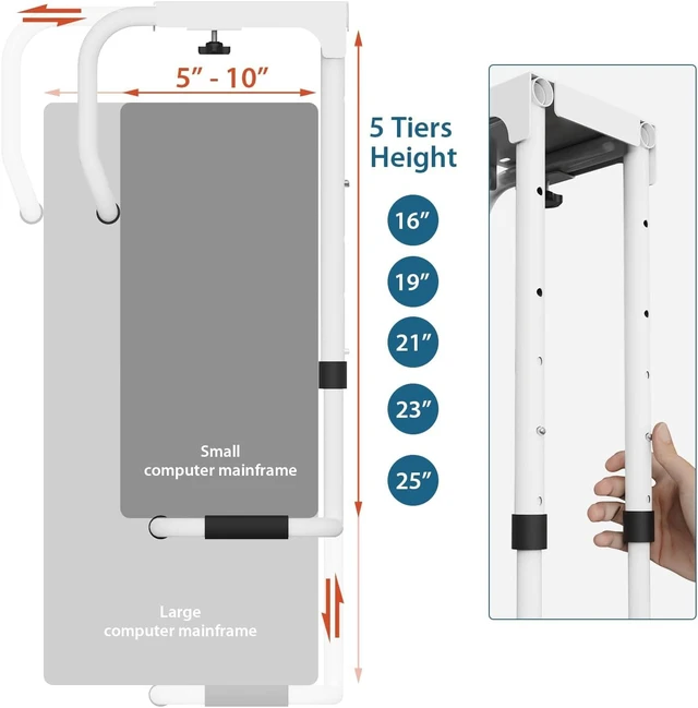 Alt view image 3 of 7 - Heavy-Duty Adjustable 16-25 Inch Under-Desk PC Mount Computer CPU Hanging Holder Supports Up to 60 lbs for Office & Home, White