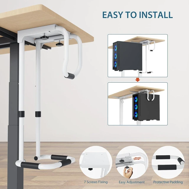 Alt view image 5 of 7 - Heavy-Duty Adjustable 16-25 Inch Under-Desk PC Mount Computer CPU Hanging Holder Supports Up to 60 lbs for Office & Home, White