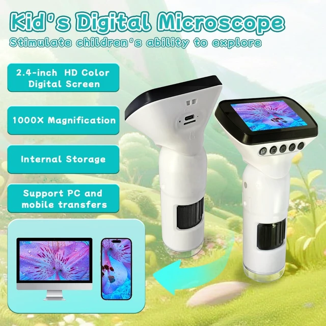 Alt view image 6 of 6 - 200X-1000X Digital Handheld Microscope for Kids with 12 Slides & 2.4" Screen Portable Pocket Miniscope Science Toy Gift for Ages 3-12