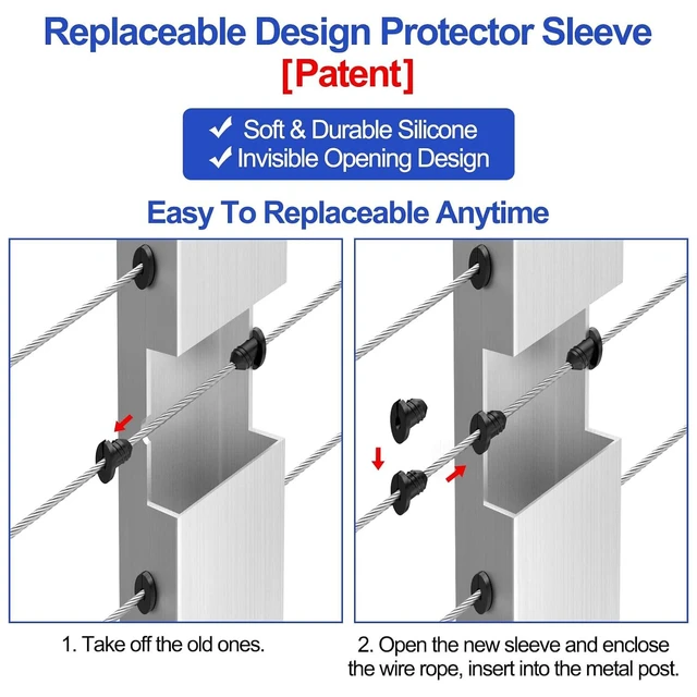 Alt view image 6 of 7 - 100 Pack 30 Degree Replaceable Cable Railing Rubber Grommets, BCR30 | for 1/8" 5/32" 3/16" Cables & Metal Posts, Cable Protective Sleeves