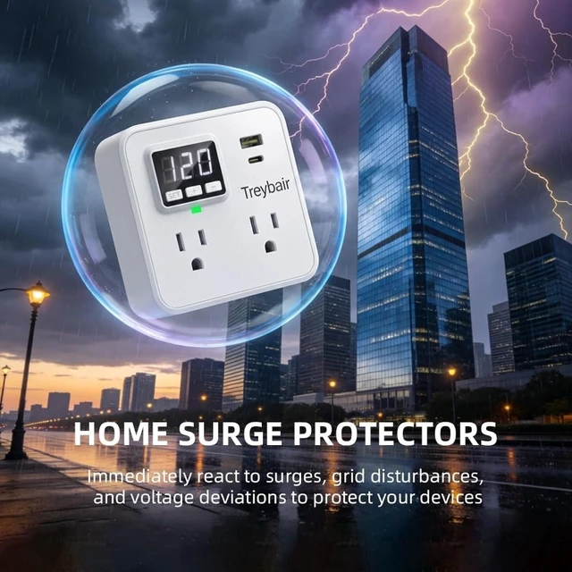 Alt view image 3 of 7 - Surge Protector Power Strip with USB Type-C, 80V-140V Voltage Protection for Refrigerator, TV & Computer