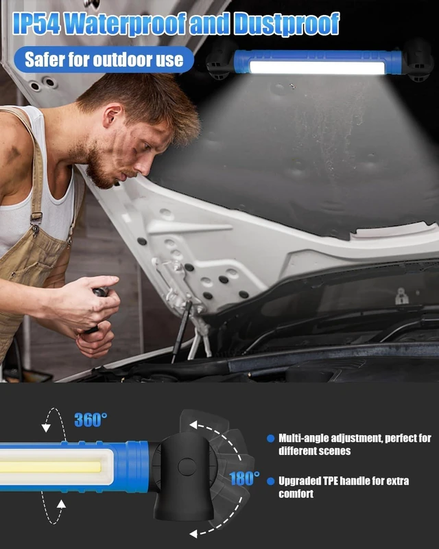Alt view image 5 of 7 - 3000LM LED Work Light, Rechargeable Underhood Light with Hooks & Rotating Magnetic Base, Cordless Battery-Powered Mechanic Light for Car Repairing, Inspection, Workshop & Emergency