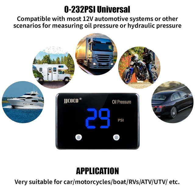 Alt view image 6 of 6 - 12V Oil Pressure Gauge with LED Digital Display, 232PSI Pressure Gauge Meter Kit with Oil Pressure Sensor for Car, Truck & Vehicle