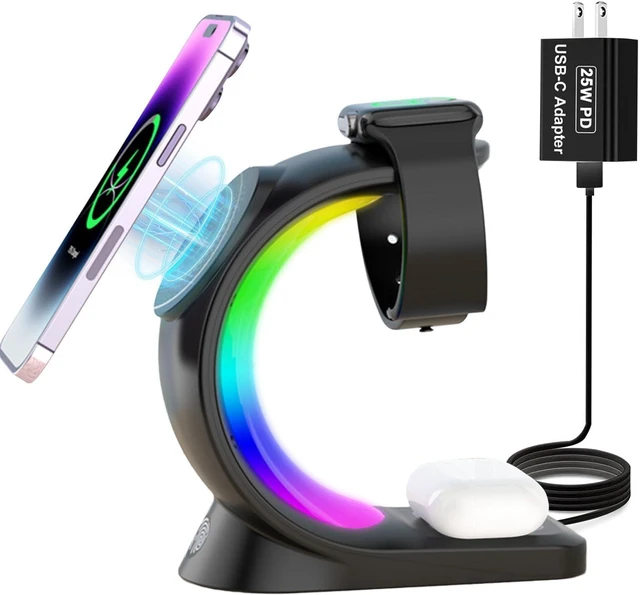 Main image of 3-in-1 Wireless Charging Station with 6-Color RGB Light 15W Fast Magnetic Charger Stand for Apple, iPhone 17/Air/16/15 Pro Max & iWatch 2 to 9