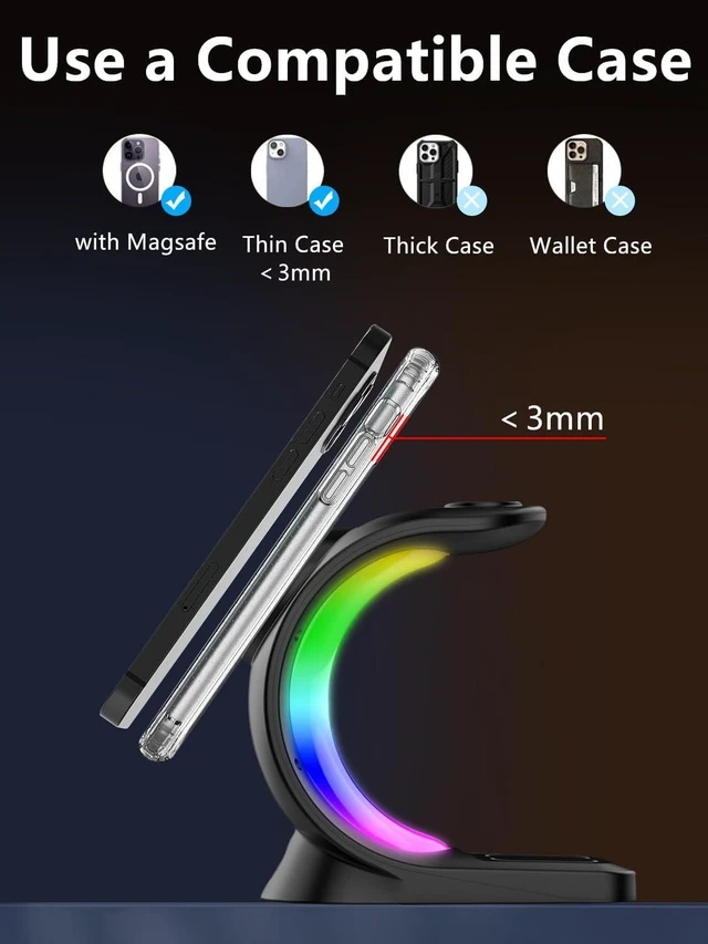 Alt view image 7 of 7 - 3-in-1 Wireless Charging Station with 6-Color RGB Light 15W Fast Magnetic Charger Stand for Apple, iPhone 17/Air/16/15 Pro Max & iWatch 2 to 9
